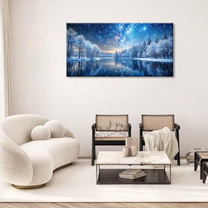 Palderwallart Beautiful Milky Way Landscape Wall Art for Living Room Office Nature Riverside Scenery Blue Starry Sky and White Tree Painting Prints Winter Scenic Canvas Artwork Dining (20x40 Inches) - color: Blue Starry Sky and White Tree Wall Art(Y866),