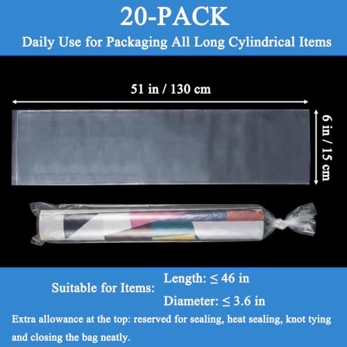 20PCS 6" x 51" Extra Long Clear Plastic Sleeves for Posters and Banners | Heavy Duty, 2 Mil Thick, Flat Open, Long Tube Storage Bags for Packaging Blueprint, Fishing Rods & Large Narrow Items - color: 6" x 51"-20PCS