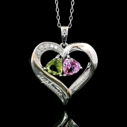 Gem Stone King 2-Heart Couple Name Engraved Pendant Necklace For Women | 925 Sterling Silver & 10K Yellow Gold | Customized and Personalized | Gemstone Birthstone & Lab Grown Diamond | 18 Inch Chain