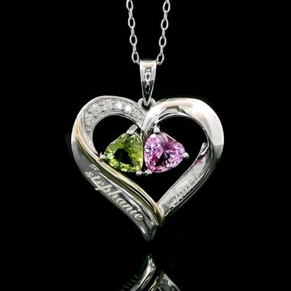Gem Stone King 2-Heart Couple Name Engraved Pendant Necklace For Women | 925 Sterling Silver & 10K Yellow Gold | Customized and Personalized | Gemstone Birthstone & Lab Grown Diamond | 18 Inch Chain