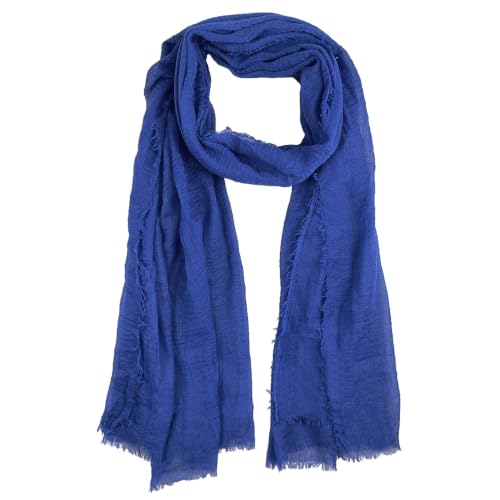 Summer Cotton Blend Crinkle Vintage Soft Scarf with Fringed Edges 35" × 70" - color: Blue