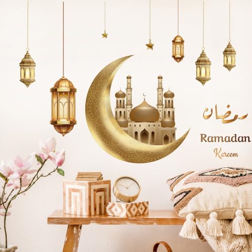 Ramadan Wall Decals Eid Ramadan Mubarak Wall Stickers,Crescent Moon, Stars & Lantern Wall Stickers,Arabic Islamic Muslim Decorations for Home Window Living Room Bedroom Prayer Corner (Ramadan Style1) - color: Ramadan Style1