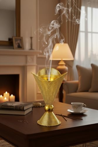 Decorative Gold Metal Incense Burner – Traditional Bakhoor Holder for Home, Ramadan & Eid Décor, Islamic Gift, Ornamental Cone-Shaped Mabkhara Stand, 5 x 5 x 9 in