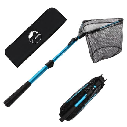YVLEEN Folding Fishing Net - Foldable Fish Landing Net Robust Aluminum Telescopic Pole Handle and Nylon Mesh 16inch Hoop Size - color: E:16"/40cm(Telescopic Handle) Blue