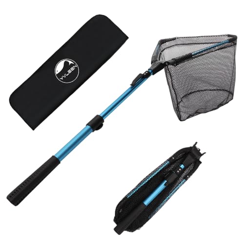 YVLEEN Folding Fishing Net - Foldable Fish Landing Net Robust Aluminum Telescopic Pole Handle and Nylon Mesh 16inch Hoop Size - color: E:16"/40cm(Telescopic Handle) Blue