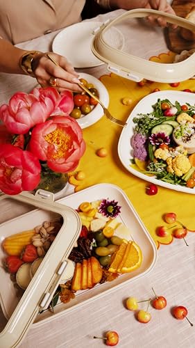 Crudités | Portable Snack Tray | Rectangle 2-Pack | Cream White | Reversible Stretch Lid Food Containers | BPA-Free, Freezer & Dishwasher Safe | Meal-Prep, Charcuterie, Salads, Picnic, Travel - size: Rectangular, 2 Pack, Cream White