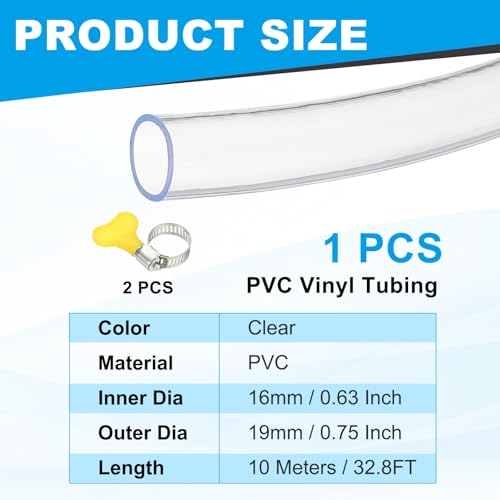 PATIKIL 1pcs Plastic Tubing, 16mm x 19mm x 10M Vinyl Tubing Clear Tube with Hose Clamps, Soft Hose Line Pipe for Multipurpose Industrial Vinyl Aquarium - size: 16mm x 19mm x 10M