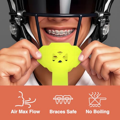 SLEEFS X Safety Yellow Football Mouth Guard - Lip/Mouthguard with Helmet Strap - Lip/Teeth Protector Mouthpiece - Moldable - for Youth/Adults, Men & Women Mouth Guard, Maximum Air Flow, All Sports - color: Safety Yellow