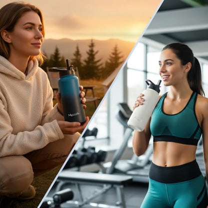 Water Bottle, BPA Free Insulated Stainless Steel, 32oz, Dual lids, Keep Cold 24H, Large Flask, Wide Mouth, Double Wall Metal Sport Drink Bottle, Camping, Gym, Hiking, Cream White - color: Cream White