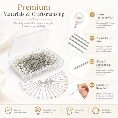 150 PCS Pearl Pins for Bouquets, 1.4 Inch Boutonniere Pin Corsage FloralPins Sewing Pins for Fabric, Round Ball Pearl Head Straight Pin for DIY Crafts Jewelry Making Sewing Wedding Flower