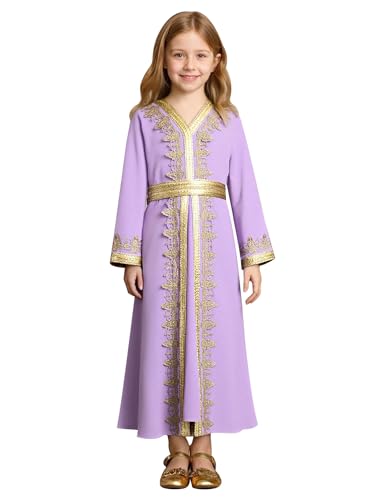 Muslim Dress for Kids Girls Abaya Middle East Ramadan Long Sleeve Lace Prayer Dress Arabic Kaftan with Belt - color: Light Purple, size: 9-10 Years