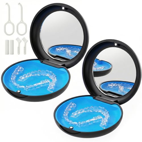 2 Pack Retainer Case with Mirror, Magnetic Aligner Case Compatible with Invisalign, Portable Slim Orthodontic Storage Kit for Clear Aligners - Black - color: 2 Pack - Black with Mirror