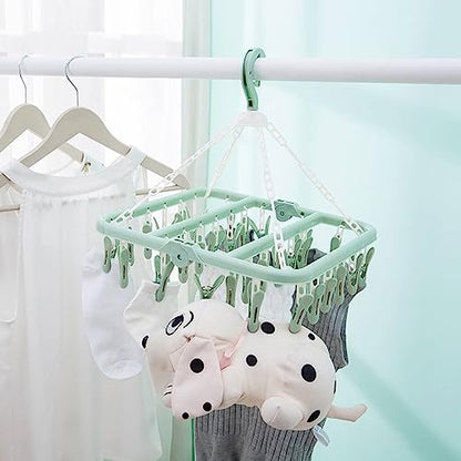 SteelFever Clothes Drying Hanger with 32 Clips, Foldable Hanging Drying Rack for Clothes Underwear Socks (Light Green) - color: Light Green