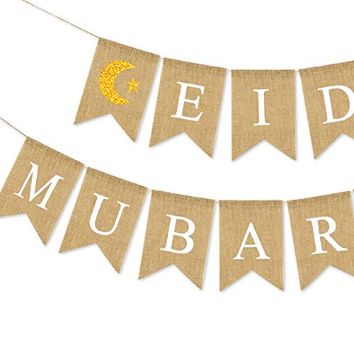 SWYOUN Burlap Eid Mubarak Banner Supplies with Glitter Moon and Star Signs Mantel Fireplace Decoration