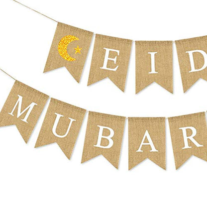SWYOUN Burlap Eid Mubarak Banner Supplies with Glitter Moon and Star Signs Mantel Fireplace Decoration