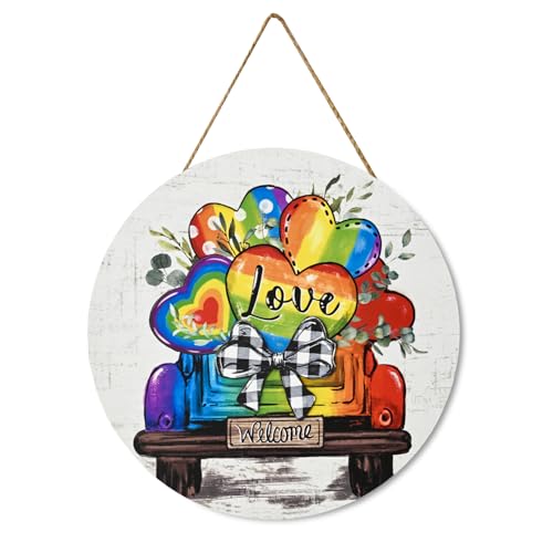 Smile Pride Month Love Welcome Rainbow Truck Round Wooden Door Sign Indoor & Outdoor Decorative Plaque LGBTQ+ Home, Porch & Patio Decor Gay Pride - style: Truck LGBT