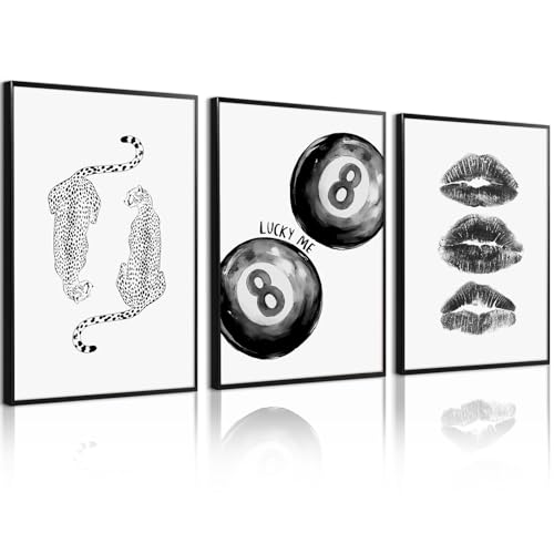 Trendy Leopard Wall Art Cheetah Canvas Prints Black 8 Ball Wall Decor Preppy Aesthetic Poster Lucky Leopard Pictures Funky Painting Retro Kiss Artwork for Bedroom Living Room 12x16x3 Inch Unframed - color: Black 8 ball Prints, size: 12"x16" Unframed