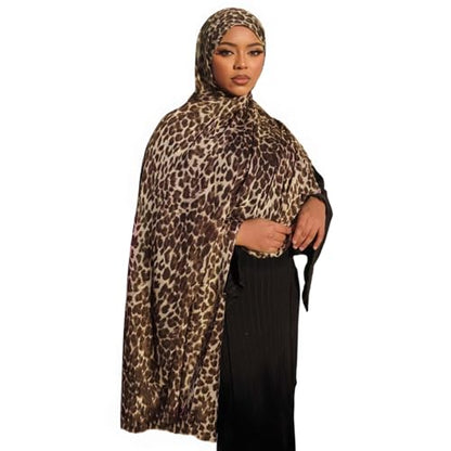 RARITYUS Silky Satin Hijab Scarf for Women Watercolor Floral Printed Muslim Hijab Head Wrap Fashion Long Scarves Shawls - color: Brown Leopard Print