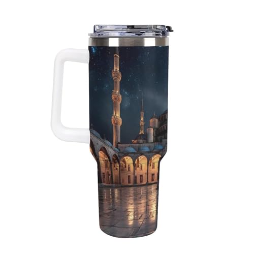 Blue Mosque Islamic Muslim Insulated Tumbler Stainless Steel Travel Coffee Mug with Lid And Straw 40oz - color: white-style