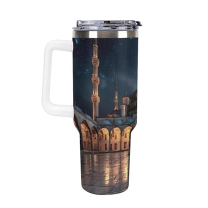 Blue Mosque Islamic Muslim Insulated Tumbler Stainless Steel Travel Coffee Mug with Lid And Straw 40oz - color: white-style