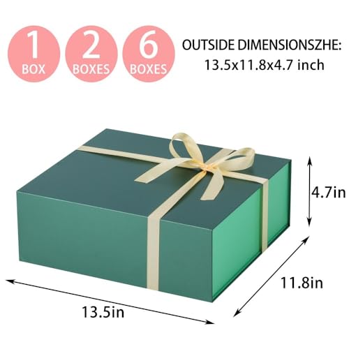 UoeRing 1 Pcs Green Gift Box Large 11.5x8x4 Inch with Magnetic Lid | Collapsible Luxury Present Box,for Birthday,Christmas Holiday Gift Includes Card,Ribbon,Tissue Paper & Shredded Filler - color: 13.5x11.8x4.7 Inch-Green-Pack of 1