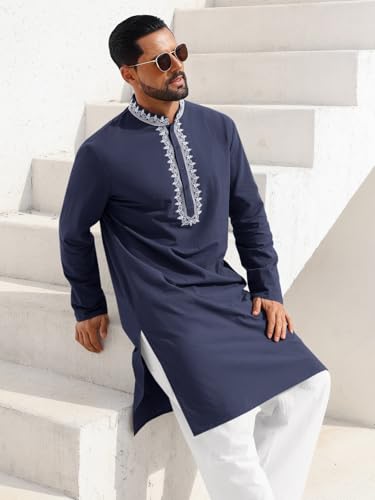 Runcati Mens Kaftan Thobe Cotton Henley Shirt Long Sleeve Embroidery Robe Casual Kurta Muslim Gown Shirt - color: Navy, size: Large
