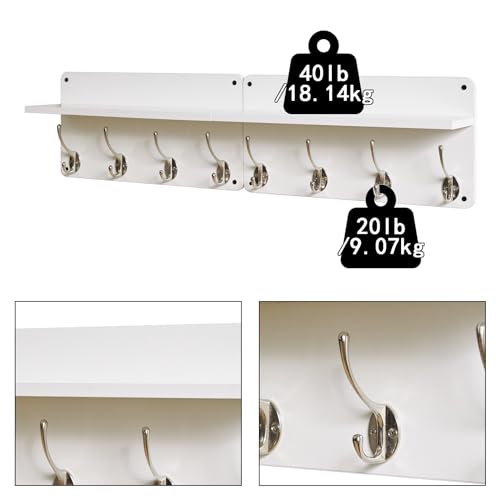 YMYNY 31.5" Coat Rack Wall Mount with Shelf and 8 Hooks, White, HWS006W-2 | 2 Pack Coat Hooks Key Holder Wall Mount, Wood Wall Mounted Coat Rack with Wall Hooks for Hanging, Towel Hooks for Bathroom - color: White