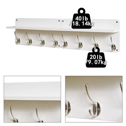 YMYNY 31.5" Coat Rack Wall Mount with Shelf and 8 Hooks, White, HWS006W-2 | 2 Pack Coat Hooks Key Holder Wall Mount, Wood Wall Mounted Coat Rack with Wall Hooks for Hanging, Towel Hooks for Bathroom - color: White