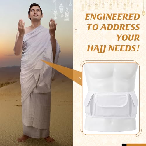 Dansydaisy Ihram Belt for Hajj and Umrah White Adjustable Ihram Waist Belt with Zippered Pockets Fits 32" up to 52" - style: 3 Pocket