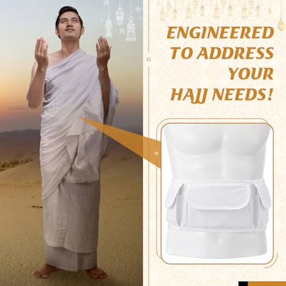 Dansydaisy Ihram Belt for Hajj and Umrah White Adjustable Ihram Waist Belt with Zippered Pockets Fits 32" up to 52" - style: 3 Pocket