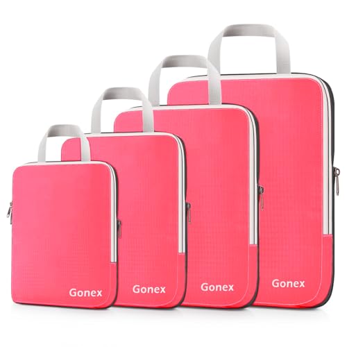Gonex Compression Packing Cubes, 4-Piece Expandable Travel Organizers - color: 4-Bright Pink, size: 4 Set