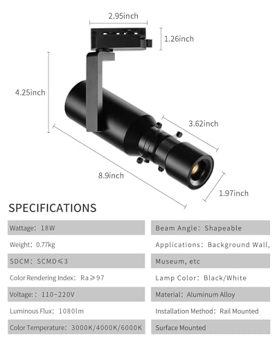 18W LED White Spot Light Led Pin Spot Manual Focus Length Adjustable, Aperture Size Adjustable, for Museum Art Gallery Exhibition Art 3000K - color: 3-Wire Track Dimming-White, size: 18w-3000k