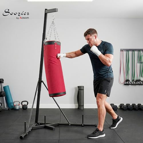 Soozier Punching Bag with Stand for Adults, 72.8"-90.9" Height Adjustable Freestanding Boxing Stand with Canvas Sandbag, Stable Triangular Base and 1" Weight Plate Storage for Home Gym MMA - color: Red