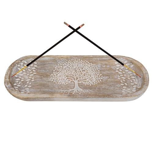 VANIYA CRAFTS® Wooden Handmade Tree of Life Design Boat Shape Incense Holder Stand Insence Tray for Sticks Home Decor Restaurant (11X4,Antique White) - color: Antique White 3