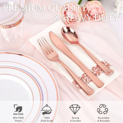 Supernal 400pcs Rose Gold Plastic Plates Disaposable Heavy Duty included Disposable Utensils& Plastic Party Plates Disaposable Party Cups and Napkins Sets for Valentine's Day Mother's Day and Easter - color: 400pcs White and Rose Gold Plastic Plates Disap