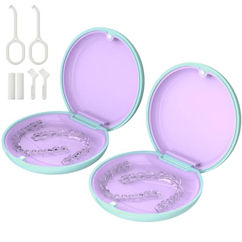 2 Pack Retainer Case, Slim Aligner Case for Invisalign with Tool Kit | 2 Pack Slim Magnetic Retainer Case for Invisalign • Pocket-Size for Travel • Full Kit: Removal Tool, Aligner Seater & Brush - color: 2 Pack - Mint Green