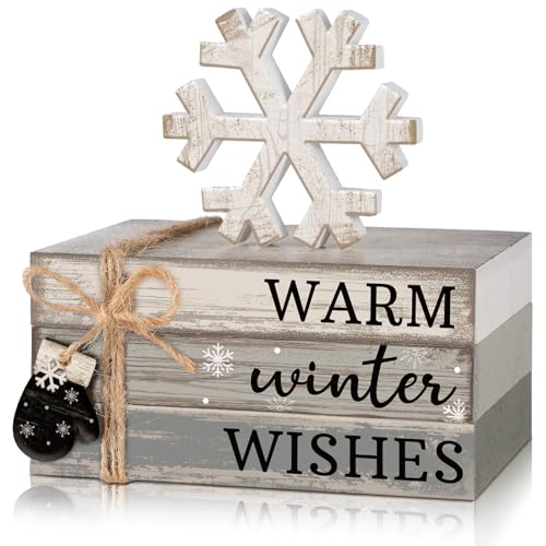 4 Pcs Winter Table Decorations Snowflake Tiered Tray Decor Warm Wishes Centerpiece Decorations Indoor Rustic Wooden Snowflake Block Sign Gift Farmhouse for Home Kitchen Shelf - style: Warm Wishes
