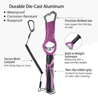 Eupheng 11.8'' Heavy-Duty Fish Gripper with Scale Rustproof Aluminum Body, Non-Slip Rubber Handle, Built-in Weight Estimator & Wrist Lanyard - color: Pink