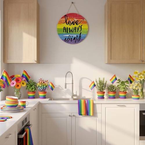 Smile Pride Month Love Always Wins Round Wooden Door Sign Rainbow Indoor & Outdoor Decorative Plaque LGBTQ+ Home, Porch & Patio Decor Gay Pride - style: Rainbow LGBT