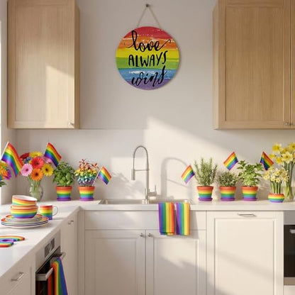 Smile Pride Month Love Always Wins Round Wooden Door Sign Rainbow Indoor & Outdoor Decorative Plaque LGBTQ+ Home, Porch & Patio Decor Gay Pride - style: Rainbow LGBT