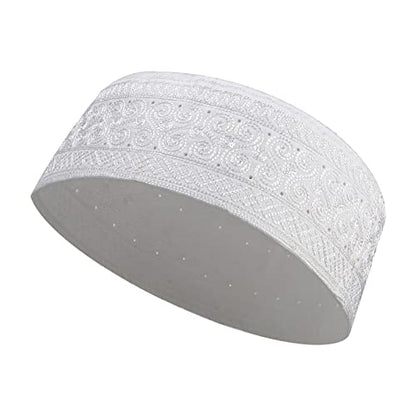 PURFUN Mens Embroidered Kufi Muslim Prayer Hat Soft Islam Religious Arabic Cap - color: S Pattern/White, size: Medium