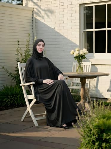 Women's Solid Muslim One-Piece Prayer Dress Abaya Kaftan with Hijab Full Length Dress - color: Black