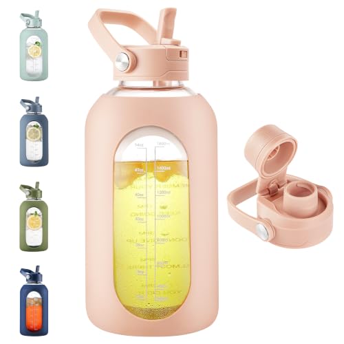 CIVAGO 64 oz Glass Water Bottle Jug with Detachable Straw and Time Maker | Half Gallon Motivational Large Flask Cup with Handle, Leakproof Lids, Wide Mouth, Silicone Sleeve, Tumbler for Juice, Beige - color: Beige, size: 64 Ounces