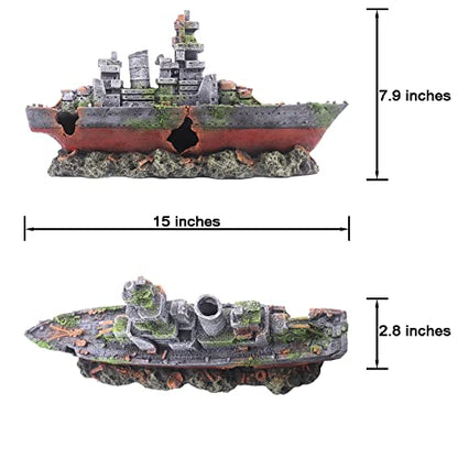 Ulifery Aquarium Shipwreck Sunken Pirate Ship, Submarine Fish Tank Decorations Resin Battleship for Betta Extra Large XL for 55-75 Gallon Tank