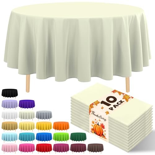 10 Pack Premium Disposable Plastic Tablecloth 84" Round Table Cover for Birthdays Weddings Christmas Anniversary Buffet Table (Beige) - color: Beige, size: 84" Round