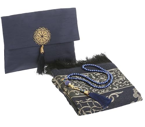 Prien Muslim Prayer Rug with Tasbih and Portable Bag, Muslim Gift for Women Men, Mubarak Islamic Box, Soft Mat Islam Gifts Set, Turkish Sajadah for Ramadan, Eid, Hajj, Travel, Pray (Navy Blue) - color: Navy Blue