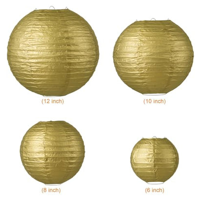 LIHAO 10PCS Mixed Size Gold Paper Lanterns for Weddings, Birthdays, Parties and Events (6"/ 8"/ 10" /12") - color: Gold