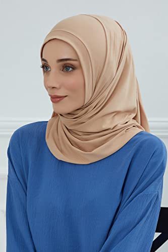 Aisha's Design Jersey Shawl for Women Instant 95% Cotton Modesty Turban Cap Hat Head Wrap Cotton Scarf - color: Sand Brown