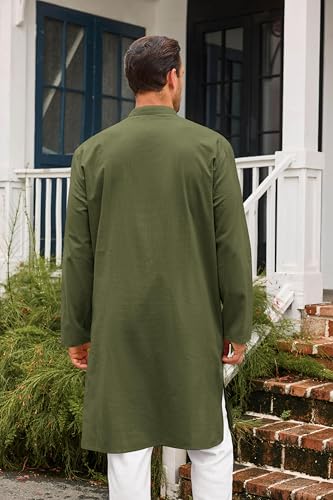 Runcati Mens Kaftan Thobe Button Down Casual Henley Shirts Long Sleeve Robe Cotton Linen Muslim Gown Shirt - color: Army Green, size: Large