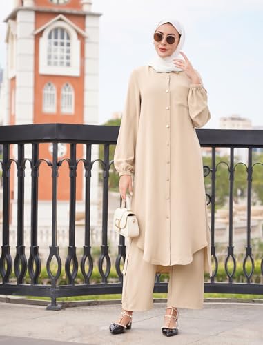 ODIZLI Women's Muslim 2 Pieces Sets Long Sleeve Button Down Shirt and Pants Abaya Casual Dress Dubai Outfits - color: Champagne, size: Small
